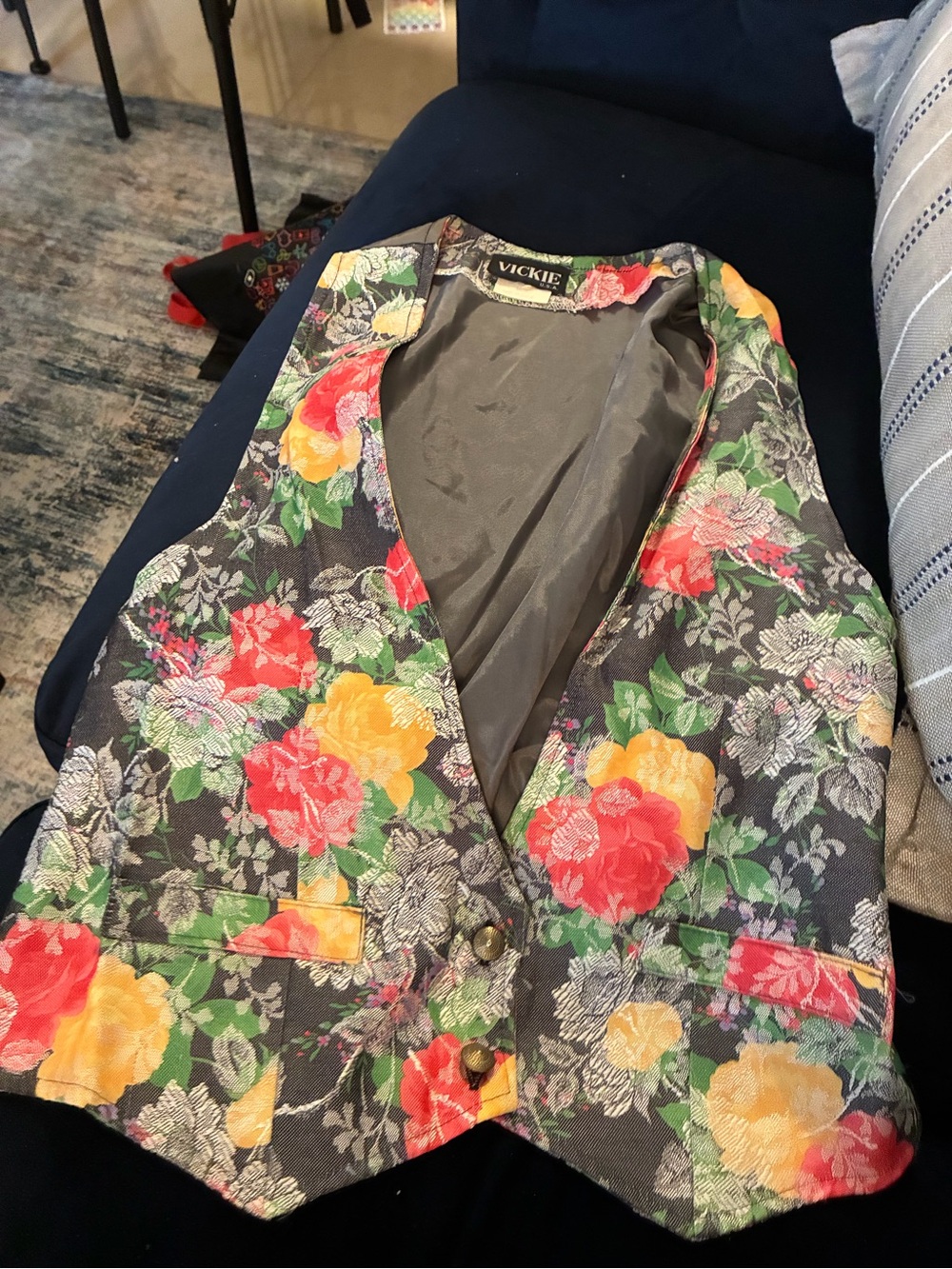 Vickie Floral Brocade Vest in Black, Red & Yellow